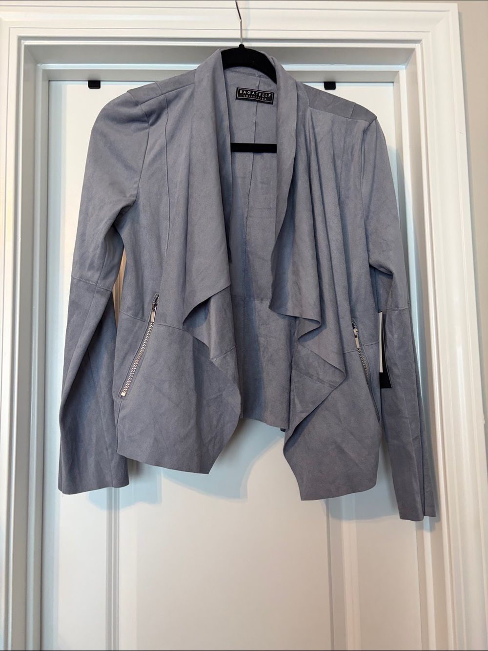 bagatelle Light Gray Suede-Style Draped Open Front Jacket
